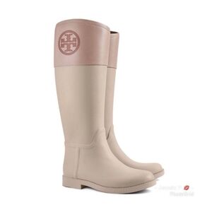 TORY BURCH Gray & Tan Over the Knee Rain Boots Grey